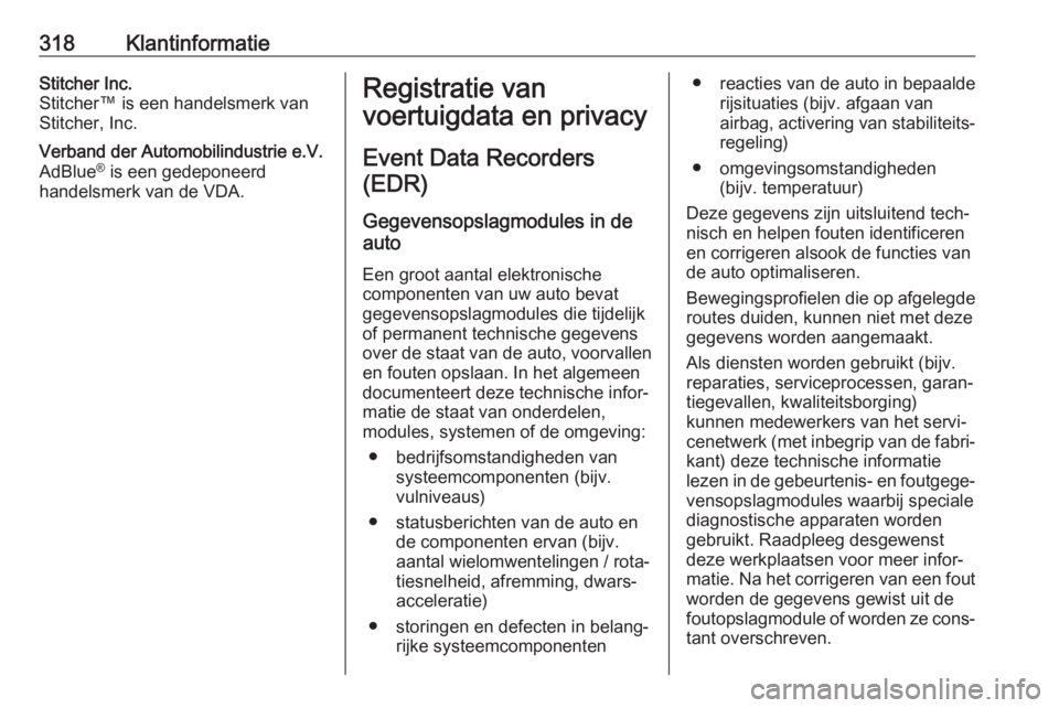 OPEL ASTRA K 2018  Gebruikershandleiding (in Dutch) 318KlantinformatieStitcher Inc.
Stitcher™ is een handelsmerk van
Stitcher, Inc.Verband der Automobilindustrie e.V.
AdBlue ®
 is een gedeponeerd
handelsmerk van de VDA.Registratie van
voertuigdata e