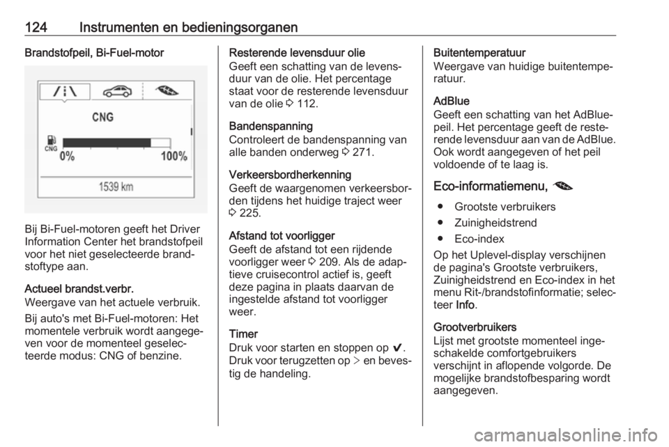 OPEL ASTRA K 2018.5  Gebruikershandleiding (in Dutch) 124Instrumenten en bedieningsorganenBrandstofpeil, Bi-Fuel-motor
Bij Bi-Fuel-motoren geeft het Driver
Information Center het brandstofpeil
voor het niet geselecteerde brand‐ stoftype aan.
Actueel br