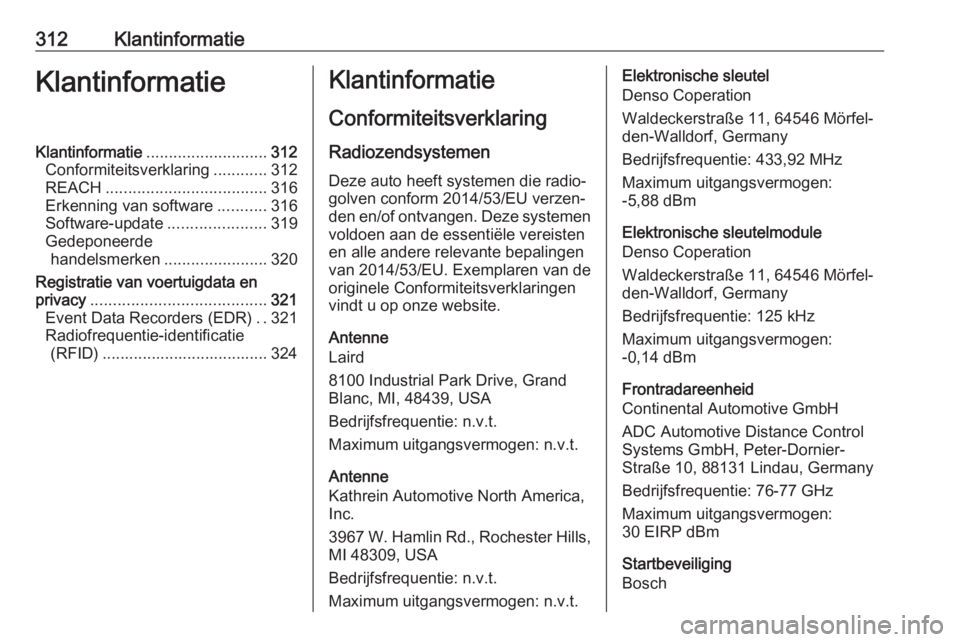 OPEL ASTRA K 2018.5  Gebruikershandleiding (in Dutch) 312KlantinformatieKlantinformatieKlantinformatie........................... 312
Conformiteitsverklaring ............312
REACH .................................... 316
Erkenning van software ..........