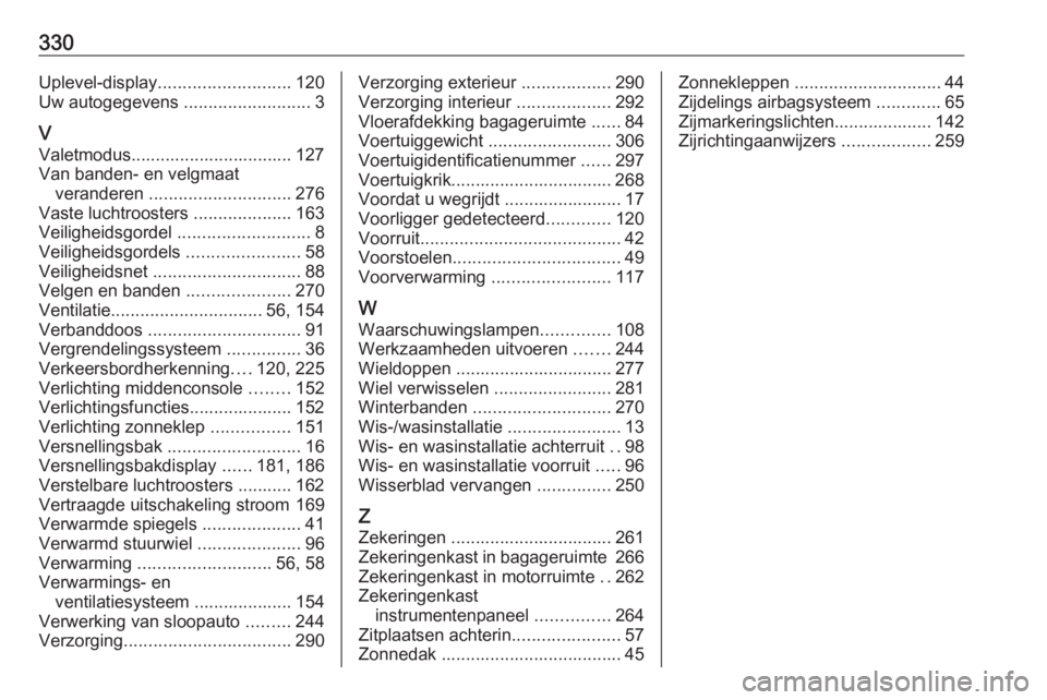OPEL ASTRA K 2018.75  Gebruikershandleiding (in Dutch) 330Uplevel-display........................... 120
Uw autogegevens  ..........................3
V Valetmodus................................. 127Van banden- en velgmaat veranderen  ....................