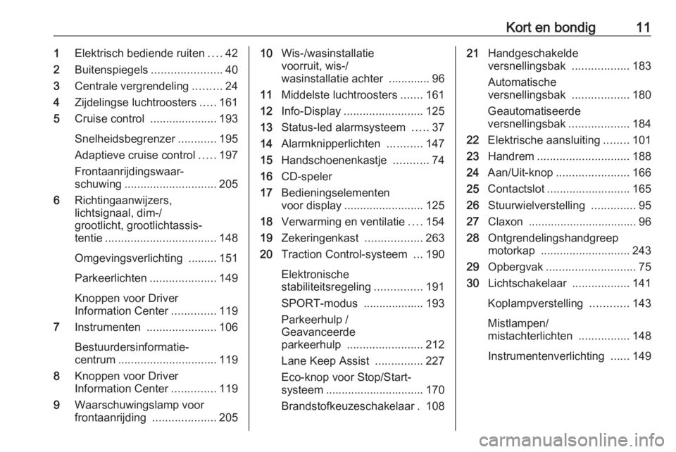 OPEL ASTRA K 2019  Gebruikershandleiding (in Dutch) Kort en bondig111Elektrisch bediende ruiten ....42
2 Buitenspiegels ......................40
3 Centrale vergrendeling .........24
4 Zijdelingse luchtroosters .....161
5 Cruise control  ...............