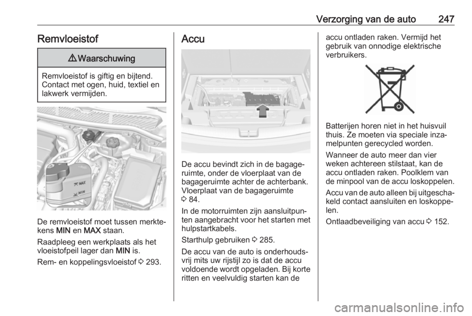 OPEL ASTRA K 2019 Gebruikershandleiding (in Dutch) Verzorging van de auto247Remvloeistof9Waarschuwing
Remvloeistof is giftig en bijtend.
Contact met ogen, huid, textiel en
lakwerk vermijden.
De remvloeistof moet tussen merkte‐
kens MIN en MAX staa OPEL ASTRA K 2019 Gebruikershandleiding (in Dutch) Verzorging van de auto247Remvloeistof9Waarschuwing
Remvloeistof is giftig en bijtend.
Contact met ogen, huid, textiel en
lakwerk vermijden.
De remvloeistof moet tussen merkte‐
kens MIN en MAX staa