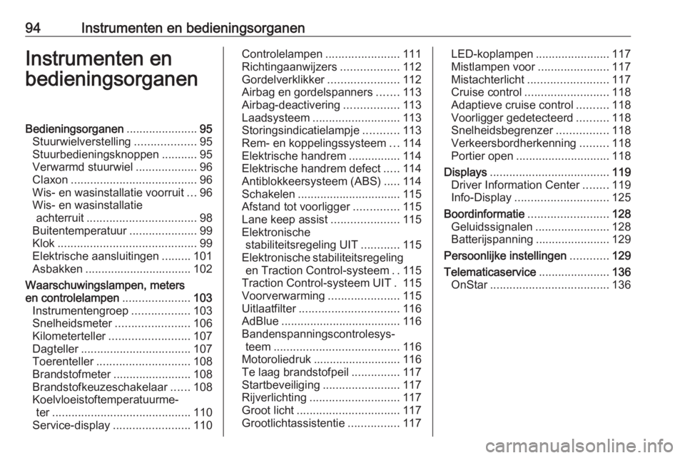 OPEL ASTRA K 2019  Gebruikershandleiding (in Dutch) 94Instrumenten en bedieningsorganenInstrumenten en
bedieningsorganenBedieningsorganen ......................95
Stuurwielverstelling ...................95
Stuurbedieningsknoppen ...........95
Verwarmd 