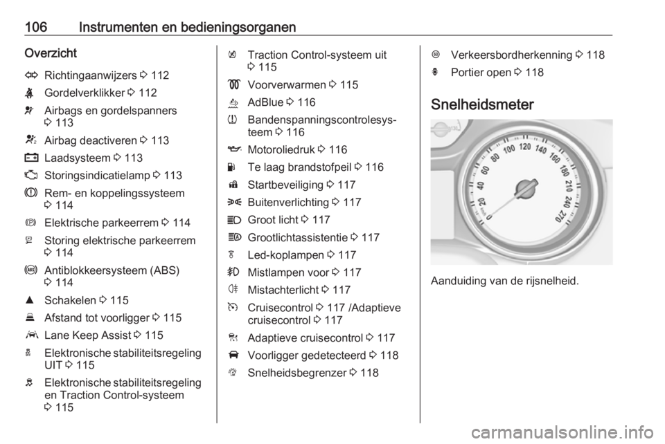 OPEL ASTRA K 2019.5  Gebruikershandleiding (in Dutch) 106Instrumenten en bedieningsorganenOverzichtORichtingaanwijzers 3 112XGordelverklikker  3 112vAirbags en gordelspanners
3  113VAirbag deactiveren  3 113pLaadsysteem  3 113ZStoringsindicatielamp  3 11