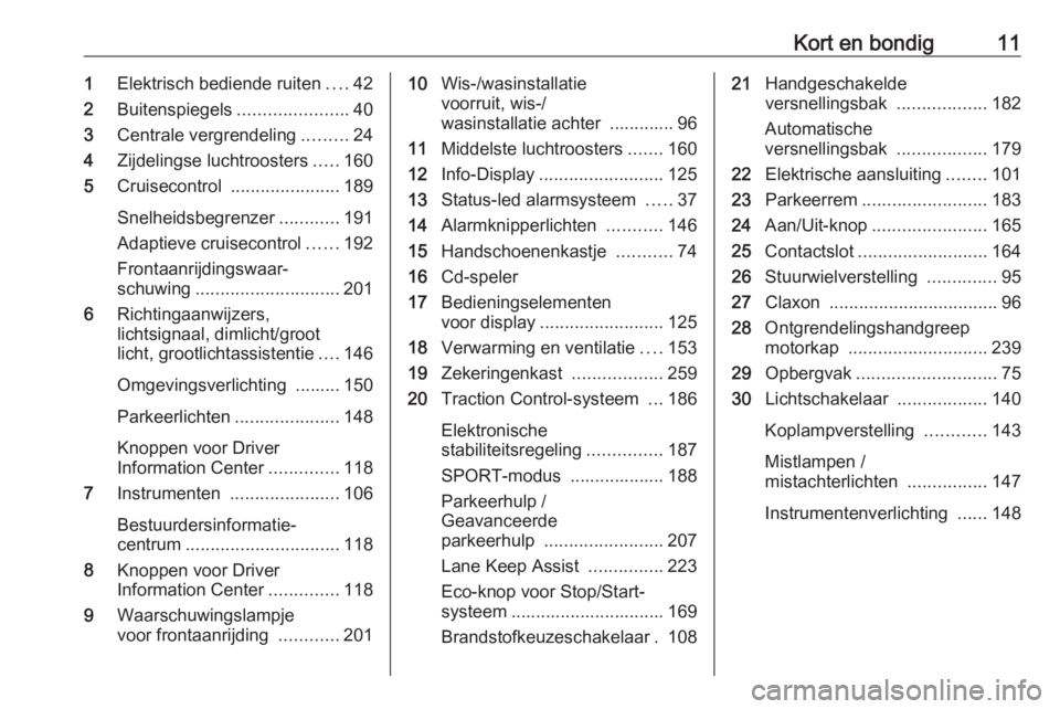 OPEL ASTRA K 2019.5  Gebruikershandleiding (in Dutch) Kort en bondig111Elektrisch bediende ruiten ....42
2 Buitenspiegels ......................40
3 Centrale vergrendeling .........24
4 Zijdelingse luchtroosters .....160
5 Cruisecontrol  ................