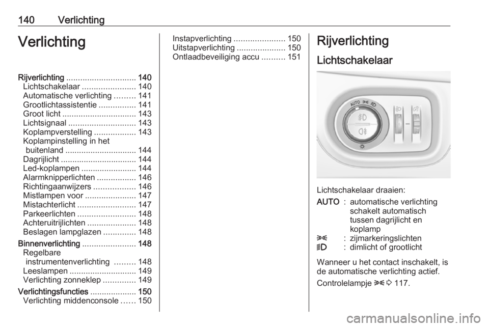 OPEL ASTRA K 2019.5  Gebruikershandleiding (in Dutch) 140VerlichtingVerlichtingRijverlichting.............................. 140
Lichtschakelaar .......................140
Automatische verlichting .........141
Grootlichtassistentie ................141
Gro