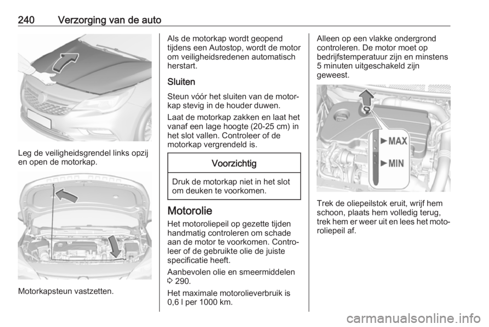 OPEL ASTRA K 2019.5 Gebruikershandleiding (in Dutch) 240Verzorging van de auto
Leg de veiligheidsgrendel links opzij
en open de motorkap.
Motorkapsteun vastzetten.
Als de motorkap wordt geopend
tijdens een Autostop, wordt de motor
om veiligheidsredenen OPEL ASTRA K 2019.5 Gebruikershandleiding (in Dutch) 240Verzorging van de auto
Leg de veiligheidsgrendel links opzij
en open de motorkap.
Motorkapsteun vastzetten.
Als de motorkap wordt geopend
tijdens een Autostop, wordt de motor
om veiligheidsredenen