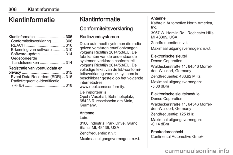 OPEL ASTRA K 2019.5  Gebruikershandleiding (in Dutch) 306KlantinformatieKlantinformatieKlantinformatie........................... 306
Conformiteitsverklaring ............306
REACH .................................... 310
Erkenning van software ..........