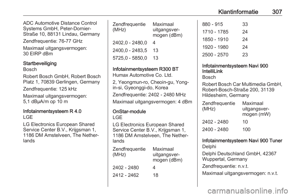 OPEL ASTRA K 2019.5  Gebruikershandleiding (in Dutch) Klantinformatie307ADC Automotive Distance Control
Systems GmbH, Peter-Dornier-
Straße 10, 88131 Lindau, Germany
Zendfrequentie: 76-77 GHz
Maximaal uitgangsvermogen:
30 EIRP dBm
Startbeveiliging
Bosch