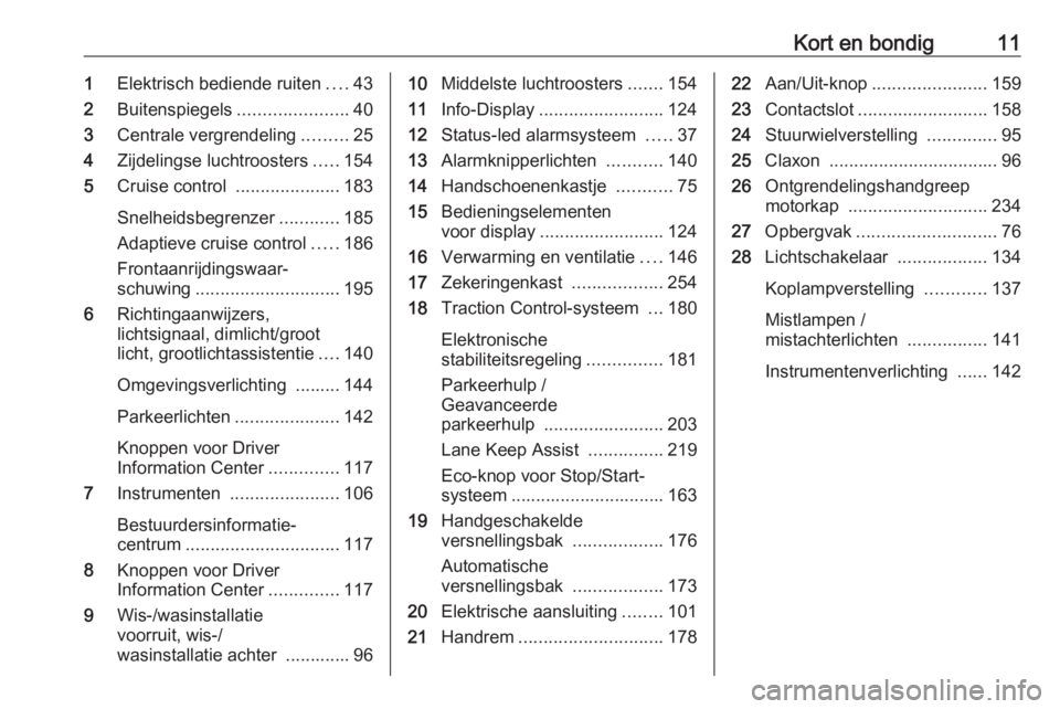 OPEL ASTRA K 2020  Gebruikershandleiding (in Dutch) Kort en bondig111Elektrisch bediende ruiten ....43
2 Buitenspiegels ......................40
3 Centrale vergrendeling .........25
4 Zijdelingse luchtroosters .....154
5 Cruise control  ...............