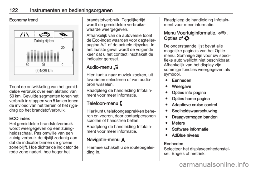 OPEL ASTRA K 2020  Gebruikershandleiding (in Dutch) 122Instrumenten en bedieningsorganenEconomy trend
Toont de ontwikkeling van het gemid‐
delde verbruik over een afstand van
50 km. Gevulde segmenten tonen het
verbruik in stappen van 5 km en tonen de