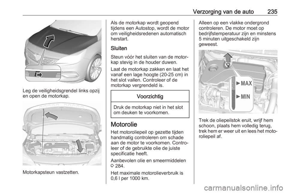 OPEL ASTRA K 2020 Gebruikershandleiding (in Dutch) Verzorging van de auto235
Leg de veiligheidsgrendel links opzij
en open de motorkap.
Motorkapsteun vastzetten.
Als de motorkap wordt geopend
tijdens een Autostop, wordt de motor
om veiligheidsredenen OPEL ASTRA K 2020 Gebruikershandleiding (in Dutch) Verzorging van de auto235
Leg de veiligheidsgrendel links opzij
en open de motorkap.
Motorkapsteun vastzetten.
Als de motorkap wordt geopend
tijdens een Autostop, wordt de motor
om veiligheidsredenen