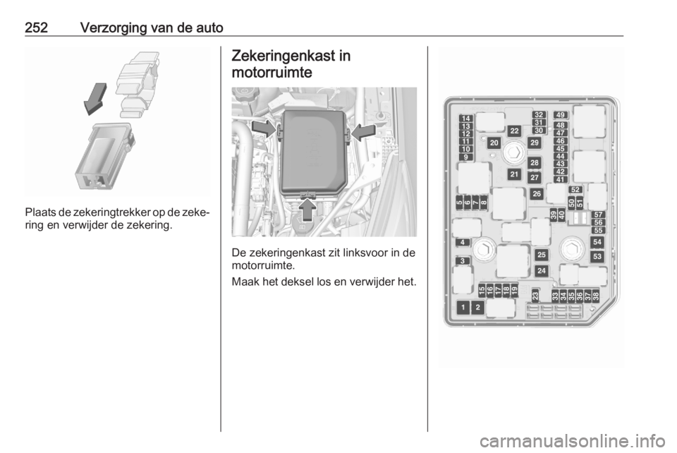 OPEL ASTRA K 2020  Gebruikershandleiding (in Dutch) 252Verzorging van de auto
Plaats de zekeringtrekker op de zeke‐ring en verwijder de zekering.
Zekeringenkast in
motorruimte
De zekeringenkast zit linksvoor in de
motorruimte.
Maak het deksel los en 
