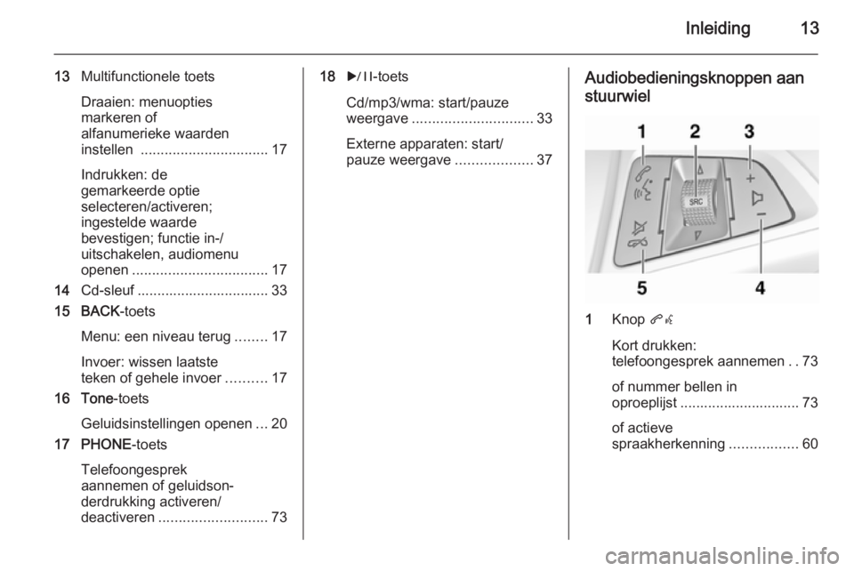 OPEL CASCADA 2015  Handleiding Infotainment (in Dutch) Inleiding13
13Multifunctionele toets
Draaien: menuopties
markeren of
alfanumerieke waarden
instellen  ................................ 17
Indrukken: de
gemarkeerde optie
selecteren/activeren;
ingestel