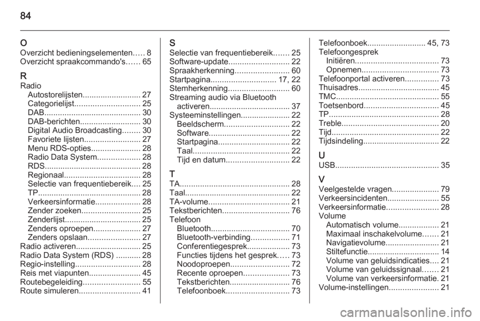 OPEL CASCADA 2015 Handleiding Infotainment (in Dutch) 84
O
Overzicht bedieningselementen .....8
Overzicht spraakcommando's ......65
R Radio Autostorelijsten.......................... 27
Categorielijst ............................. 25
DAB ............ OPEL CASCADA 2015 Handleiding Infotainment (in Dutch) 84
O
Overzicht bedieningselementen .....8
Overzicht spraakcommando's ......65
R Radio Autostorelijsten.......................... 27
Categorielijst ............................. 25
DAB ............