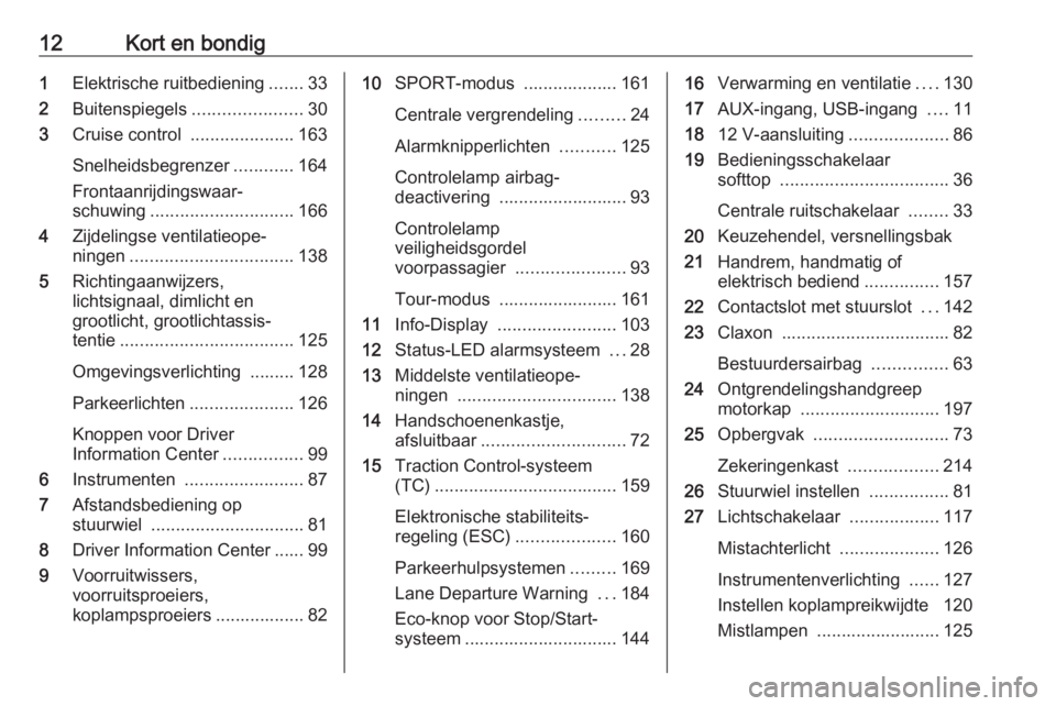 OPEL CASCADA 2016  Gebruikershandleiding (in Dutch) 12Kort en bondig1Elektrische ruitbediening .......33
2 Buitenspiegels ......................30
3 Cruise control  .....................163
Snelheidsbegrenzer ............164
Frontaanrijdingswaar‐
sch