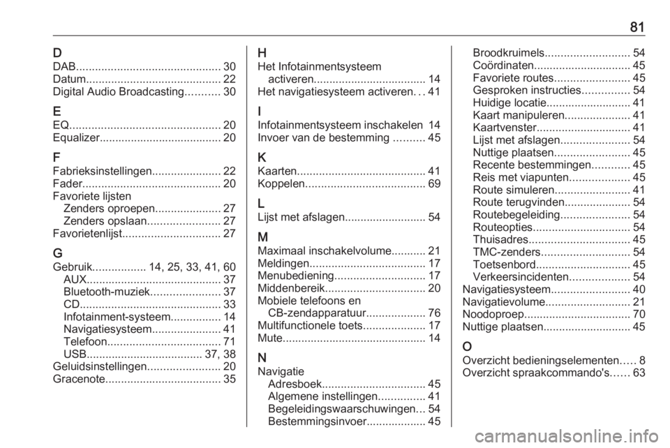 OPEL CASCADA 2017.5  Handleiding Infotainment (in Dutch) 81DDAB .............................................. 30
Datum ........................................... 22
Digital Audio Broadcasting ...........30
E EQ ............................................