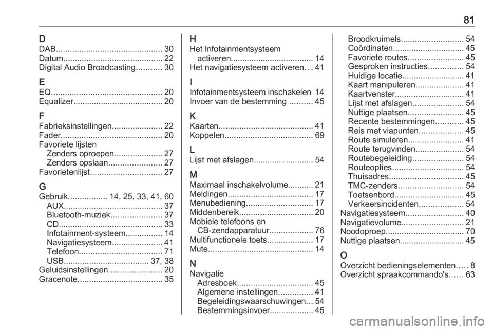 OPEL CASCADA 2018 Handleiding Infotainment (in Dutch) 81DDAB .............................................. 30
Datum ........................................... 22
Digital Audio Broadcasting ...........30
E EQ ............................................ OPEL CASCADA 2018 Handleiding Infotainment (in Dutch) 81DDAB .............................................. 30
Datum ........................................... 22
Digital Audio Broadcasting ...........30
E EQ ............................................