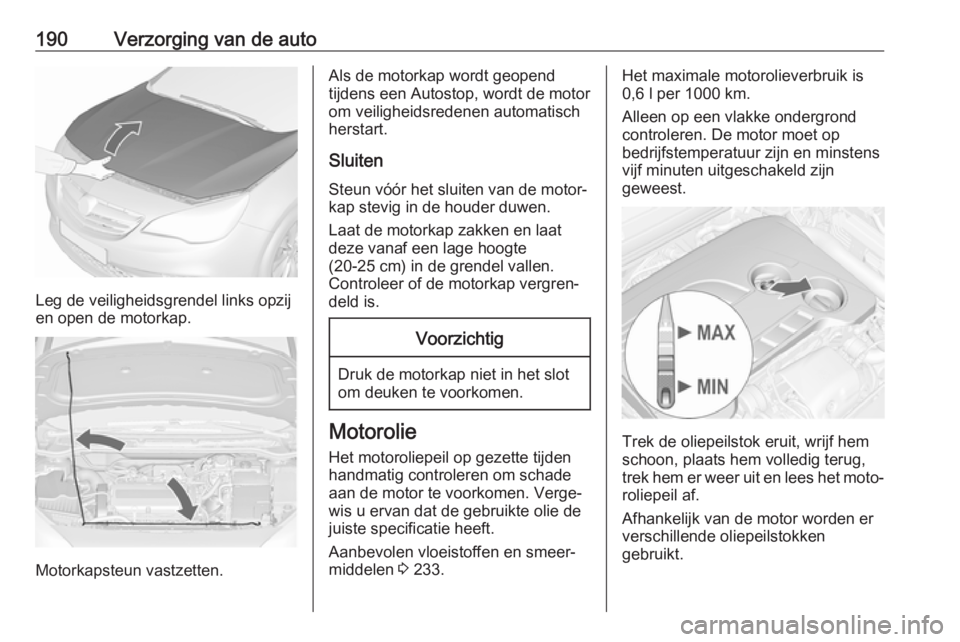 OPEL CASCADA 2019 Gebruikershandleiding (in Dutch) 190Verzorging van de auto
Leg de veiligheidsgrendel links opzij
en open de motorkap.
Motorkapsteun vastzetten.
Als de motorkap wordt geopend
tijdens een Autostop, wordt de motor
om veiligheidsredenen OPEL CASCADA 2019 Gebruikershandleiding (in Dutch) 190Verzorging van de auto
Leg de veiligheidsgrendel links opzij
en open de motorkap.
Motorkapsteun vastzetten.
Als de motorkap wordt geopend
tijdens een Autostop, wordt de motor
om veiligheidsredenen