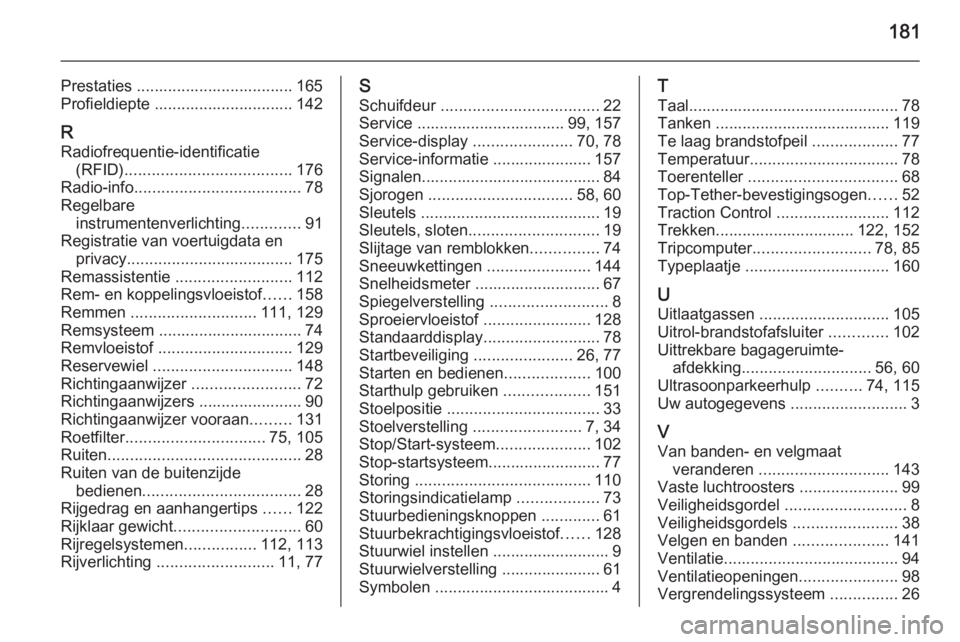 OPEL COMBO 2014  Gebruikershandleiding (in Dutch) 181
Prestaties ................................... 165
Profieldiepte ............................... 142
R Radiofrequentie-identificatie (RFID) ..................................... 176
Radio-info ...
