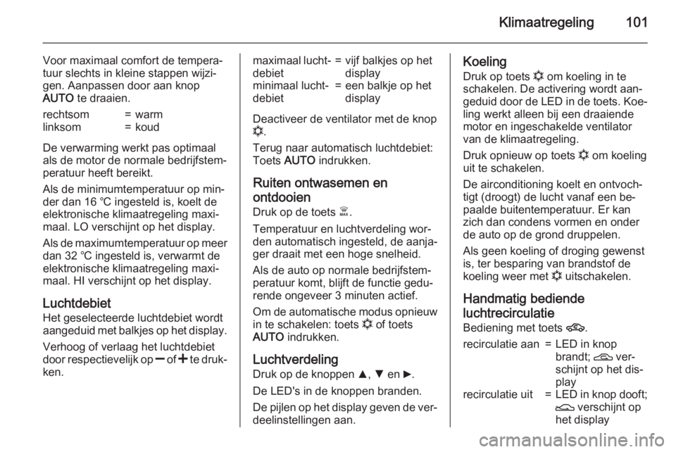 OPEL COMBO 2015  Gebruikershandleiding (in Dutch) Klimaatregeling101
Voor maximaal comfort de tempera‐
tuur slechts in kleine stappen wijzi‐ gen. Aanpassen door aan knop
AUTO  te draaien.rechtsom=warmlinksom=koud
De verwarming werkt pas optimaal
