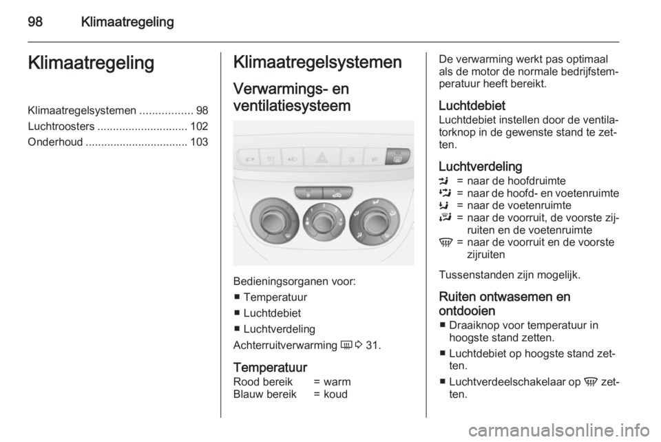 OPEL COMBO 2015 Gebruikershandleiding (in Dutch) 98KlimaatregelingKlimaatregelingKlimaatregelsystemen.................98
Luchtroosters ............................. 102
Onderhoud ................................. 103Klimaatregelsystemen
Verwarmings- OPEL COMBO 2015 Gebruikershandleiding (in Dutch) 98KlimaatregelingKlimaatregelingKlimaatregelsystemen.................98
Luchtroosters ............................. 102
Onderhoud ................................. 103Klimaatregelsystemen
Verwarmings-