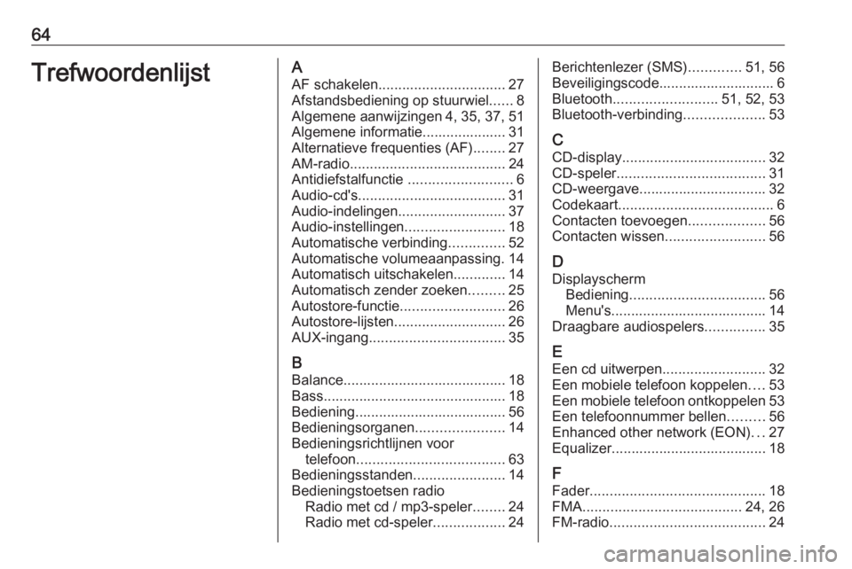 OPEL COMBO 2016  Handleiding Infotainment (in Dutch) 64TrefwoordenlijstAAF schakelen ................................ 27
Afstandsbediening op stuurwiel ......8
Algemene aanwijzingen 4, 35, 37, 51
Algemene informatie..................... 31
Alternatieve 