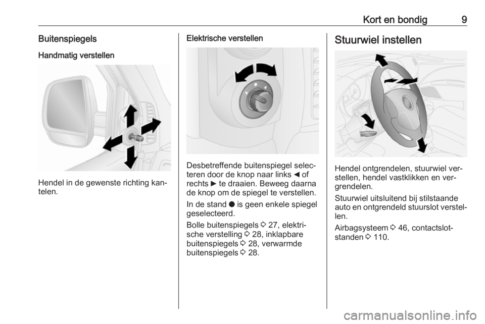 OPEL COMBO 2016  Gebruikershandleiding (in Dutch) Kort en bondig9BuitenspiegelsHandmatig verstellen
Hendel in de gewenste richting kan‐
telen.
Elektrische verstellen
Desbetreffende buitenspiegel selec‐
teren door de knop naar links  _ of
rechts  