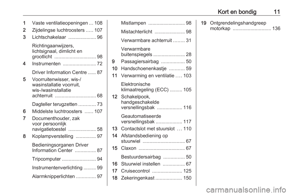 OPEL COMBO 2016  Gebruikershandleiding (in Dutch) Kort en bondig111Vaste ventilatieopeningen ...108
2 Zijdelingse luchtroosters .....107
3 Lichtschakelaar  ....................96
Richtingaanwijzers,
lichtsignaal, dimlicht en
grootlicht  .............