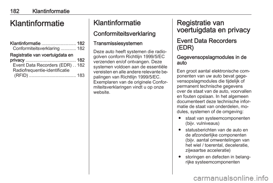 OPEL COMBO 2016  Gebruikershandleiding (in Dutch) 182KlantinformatieKlantinformatieKlantinformatie........................... 182
Conformiteitsverklaring ............182
Registratie van voertuigdata en privacy ....................................... 