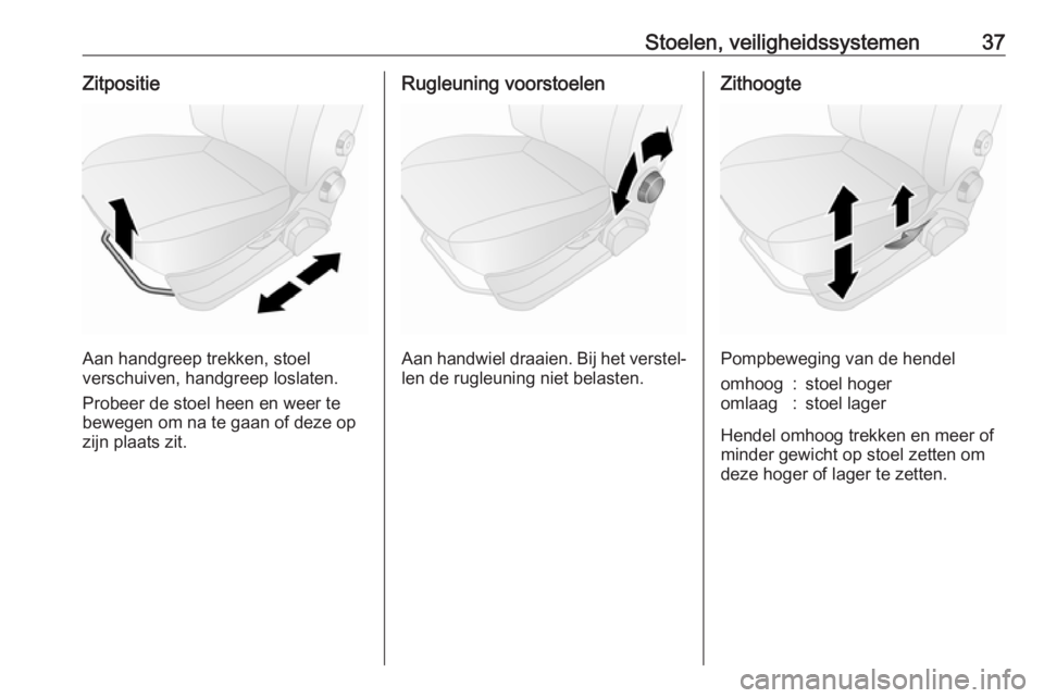 OPEL COMBO 2017  Gebruikershandleiding (in Dutch) Stoelen, veiligheidssystemen37Zitpositie
Aan handgreep trekken, stoel
verschuiven, handgreep loslaten.
Probeer de stoel heen en weer te
bewegen om na te gaan of deze op
zijn plaats zit.
Rugleuning voo