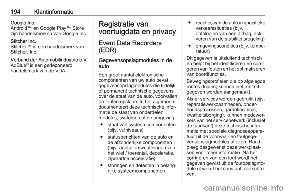 OPEL COMBO D 2017.5  Gebruikershandleiding (in Dutch) 194KlantinformatieGoogle Inc.
Android™ en Google Play™ Store
zijn handelsmerken van Google Inc.Stitcher Inc.
Stitcher™ is een handelsmerk van
Stitcher, Inc.Verband der Automobilindustrie e.V.
Ad