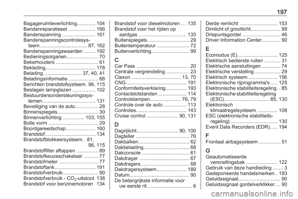 OPEL COMBO D 2017.5  Gebruikershandleiding (in Dutch) 197Bagageruimteverlichting.............104
Bandenreparatieset  ...................166
Bandenspanning  .......................161
Bandenspanningscontrolesys‐ teem .................................. 8