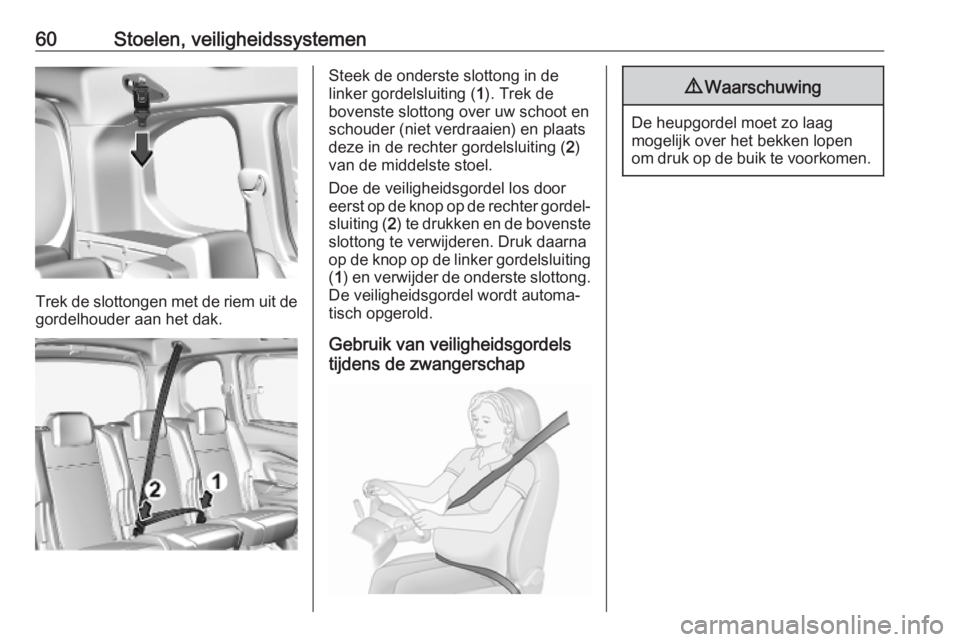 OPEL COMBO E 2019 Gebruikershandleiding (in Dutch) 60Stoelen, veiligheidssystemen
Trek de slottongen met de riem uit de
gordelhouder aan het dak.
Steek de onderste slottong in de
linker gordelsluiting ( 1). Trek de
bovenste slottong over uw schoot en
OPEL COMBO E 2019 Gebruikershandleiding (in Dutch) 60Stoelen, veiligheidssystemen
Trek de slottongen met de riem uit de
gordelhouder aan het dak.
Steek de onderste slottong in de
linker gordelsluiting ( 1). Trek de
bovenste slottong over uw schoot en