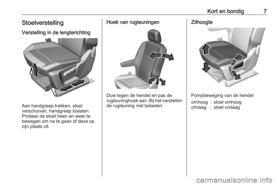 OPEL COMBO E 2019  Gebruikershandleiding (in Dutch) Kort en bondig7Stoelverstelling
Verstelling in de lengterichting
Aan handgreep trekken, stoel
verschuiven, handgreep loslaten.
Probeer de stoel heen en weer te
bewegen om na te gaan of deze op
zijn pl