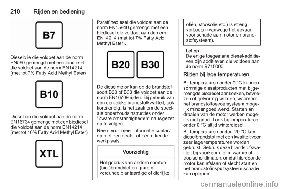 OPEL COMBO E 2019.1  Gebruikershandleiding (in Dutch) 210Rijden en bediening
Dieselolie die voldoet aan de norm
EN590 gemengd met een biodiesel
die voldoet aan de norm EN14214
(met tot 7% Fatty Acid Methyl Ester)
Dieselolie die voldoet aan de norm
EN1673