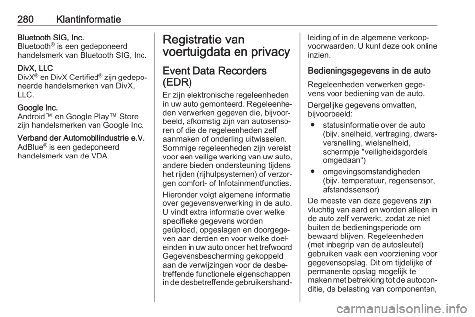 OPEL COMBO E 2019.75  Gebruikershandleiding (in Dutch) 280KlantinformatieBluetooth SIG, Inc.
Bluetooth ®
 is een gedeponeerd
handelsmerk van Bluetooth SIG, Inc.DivX, LLC
DivX ®
 en DivX Certified ®
 zijn gedepo‐
neerde handelsmerken van DivX,
LLC.Goo