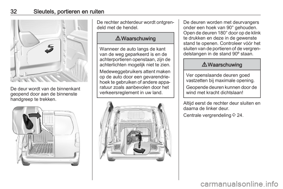 OPEL COMBO E 2019.75  Gebruikershandleiding (in Dutch) 32Sleutels, portieren en ruiten
De deur wordt van de binnenkant
geopend door aan de binnenste
handgreep te trekken.
De rechter achterdeur wordt ontgren‐ deld met de hendel.9 Waarschuwing
Wanneer de 