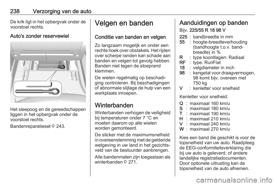 OPEL COMBO E 2020  Gebruikershandleiding (in Dutch) 238Verzorging van de autoDe krik ligt in het opbergvak onder de
voorstoel rechts.
Auto's zonder reservewiel
Het sleepoog en de gereedschappenliggen in het opbergvak onder de
voorstoel rechts.
Band