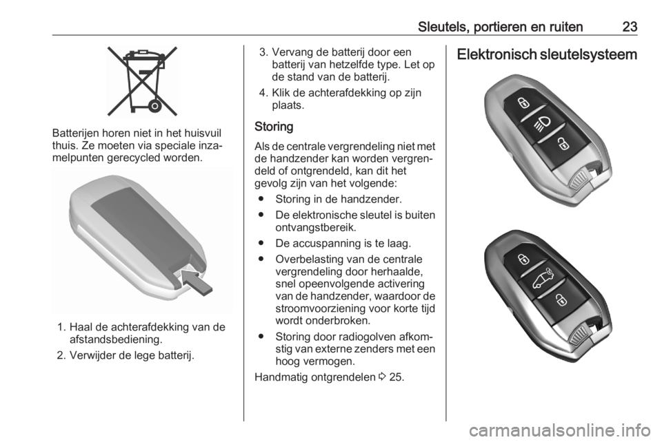OPEL COMBO E 2020  Gebruikershandleiding (in Dutch) Sleutels, portieren en ruiten23
Batterijen horen niet in het huisvuil
thuis. Ze moeten via speciale inza‐
melpunten gerecycled worden.
1. Haal de achterafdekking van de afstandsbediening.
2. Verwijd