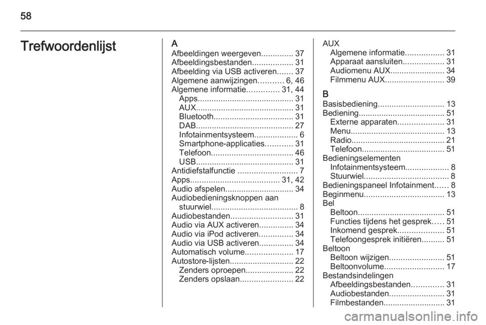 OPEL CORSA 2015 Handleiding Infotainment (in Dutch) 58TrefwoordenlijstAAfbeeldingen weergeven ..............37
Afbeeldingsbestanden ..................31
Afbeelding via USB activeren .......37
Algemene aanwijzingen ...........6, 46
Algemene informatie . OPEL CORSA 2015 Handleiding Infotainment (in Dutch) 58TrefwoordenlijstAAfbeeldingen weergeven ..............37
Afbeeldingsbestanden ..................31
Afbeelding via USB activeren .......37
Algemene aanwijzingen ...........6, 46
Algemene informatie .