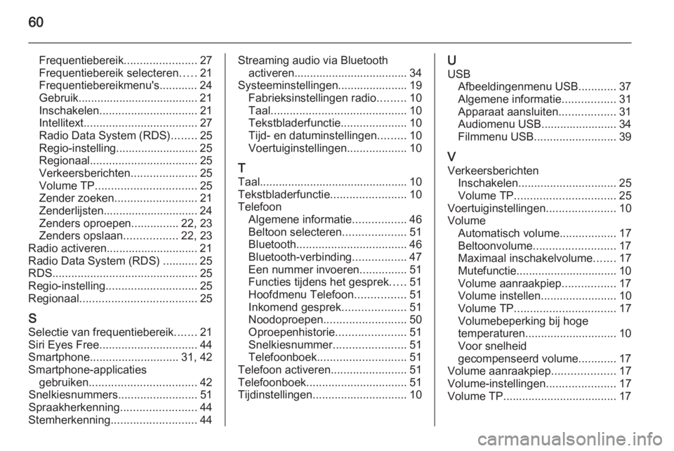 OPEL CORSA 2015 Handleiding Infotainment (in Dutch) 60
Frequentiebereik.......................27
Frequentiebereik selecteren .....21
Frequentiebereikmenu's............ 24
Gebruik...................................... 21
Inschakelen ................ OPEL CORSA 2015 Handleiding Infotainment (in Dutch) 60
Frequentiebereik.......................27
Frequentiebereik selecteren .....21
Frequentiebereikmenu's............ 24
Gebruik...................................... 21
Inschakelen ................
