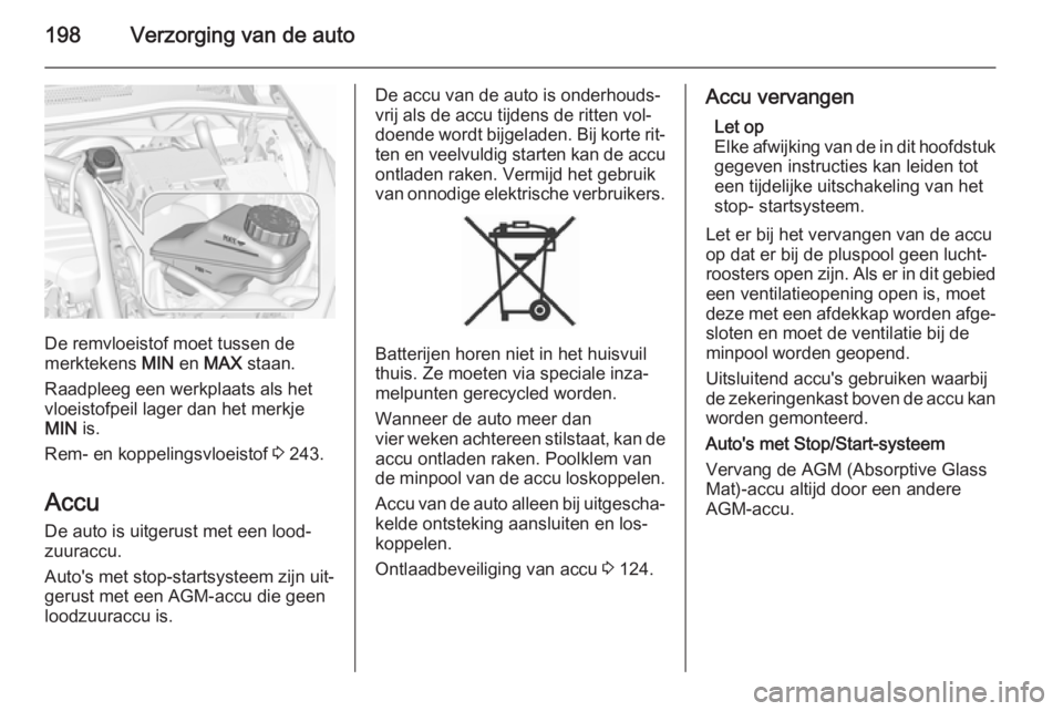 OPEL CORSA 2015.75  Gebruikershandleiding (in Dutch) 198Verzorging van de auto
De remvloeistof moet tussen de
merktekens  MIN en MAX  staan.
Raadpleeg een werkplaats als het
vloeistofpeil lager dan het merkje
MIN  is.
Rem- en koppelingsvloeistof  3 243.