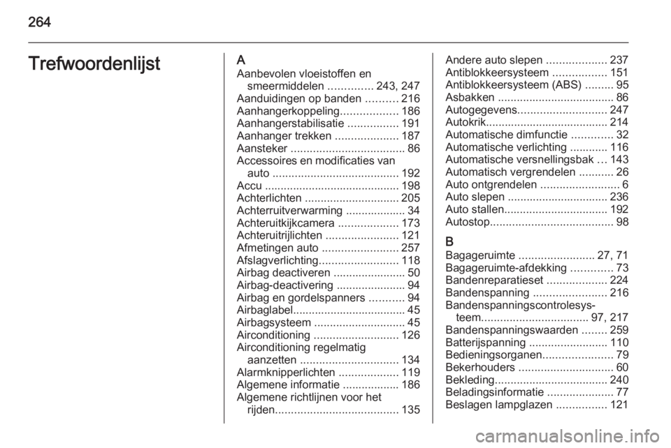 OPEL CORSA 2015.75  Gebruikershandleiding (in Dutch) 264TrefwoordenlijstAAanbevolen vloeistoffen en smeermiddelen  ..............243, 247
Aanduidingen op banden  ..........216
Aanhangerkoppeling ..................186
Aanhangerstabilisatie  .............