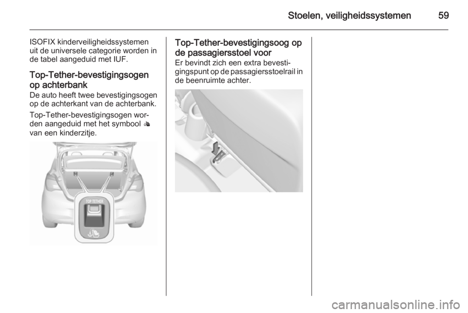 OPEL CORSA 2015.75  Gebruikershandleiding (in Dutch) Stoelen, veiligheidssystemen59
ISOFIX kinderveiligheidssystemen
uit de universele categorie worden in
de tabel aangeduid met IUF.
Top-Tether-bevestigingsogenop achterbank
De auto heeft twee bevestigin