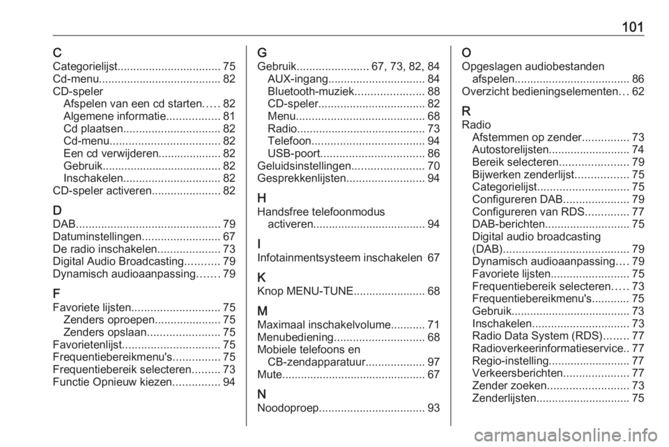 OPEL CORSA 2016  Handleiding Infotainment (in Dutch) 101CCategorielijst ................................. 75
Cd-menu ....................................... 82
CD-speler Afspelen van een cd starten .....82
Algemene informatie .................81
Cd plaa