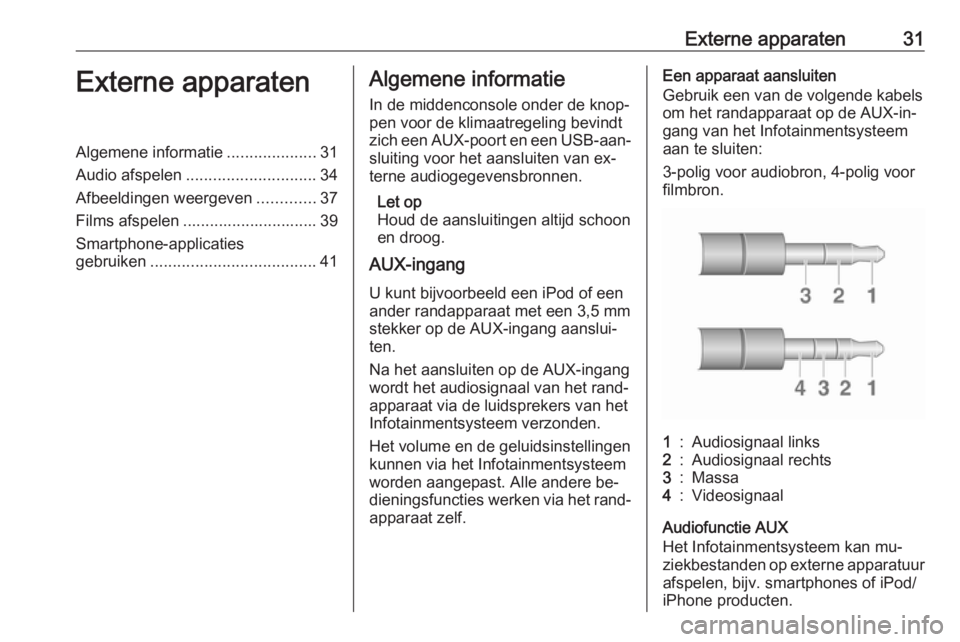 OPEL CORSA 2016  Handleiding Infotainment (in Dutch) Externe apparaten31Externe apparatenAlgemene informatie....................31
Audio afspelen ............................. 34
Afbeeldingen weergeven .............37
Films afspelen ....................