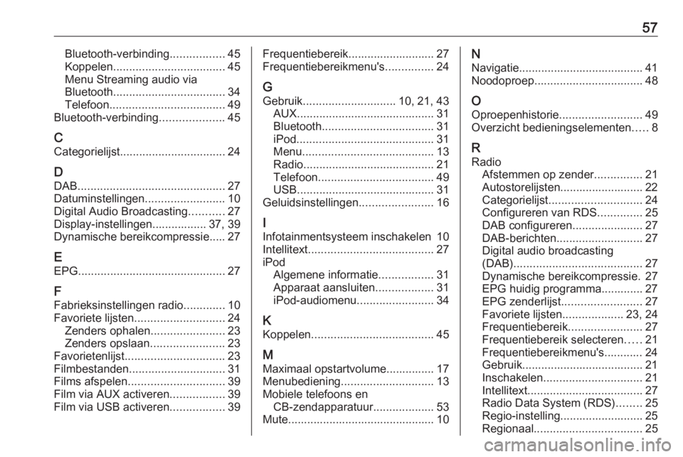 OPEL CORSA 2016  Handleiding Infotainment (in Dutch) 57Bluetooth-verbinding.................45
Koppelen ................................... 45
Menu Streaming audio via
Bluetooth ................................... 34
Telefoon ...........................