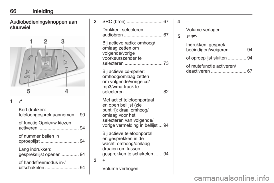 OPEL CORSA 2016  Handleiding Infotainment (in Dutch) 66InleidingAudiobedieningsknoppen aan
stuurwiel
1 7
Kort drukken:
telefoongesprek aannemen ..90
of functie Opnieuw kiezen
activeren ............................... 94
of nummer bellen in
oproeplijst .