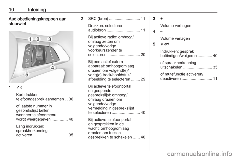 OPEL CORSA 2016.5 Handleiding Infotainment (in Dutch) 10InleidingAudiobedieningsknoppen aan
stuurwiel
1 7w
Kort drukken:
telefoongesprek aannemen ..36
of laatste nummer in
gesprekslijst bellen
wanneer telefoonmenu
wordt weergegeven ..............40
Lang OPEL CORSA 2016.5 Handleiding Infotainment (in Dutch) 10InleidingAudiobedieningsknoppen aan
stuurwiel
1 7w
Kort drukken:
telefoongesprek aannemen ..36
of laatste nummer in
gesprekslijst bellen
wanneer telefoonmenu
wordt weergegeven ..............40
Lang